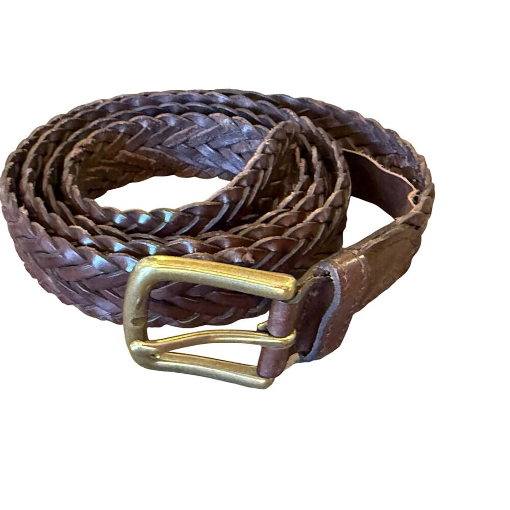 L.L. BEAN Brown Leather Braided Belt Men size 46 Brass Buckle L L Bean